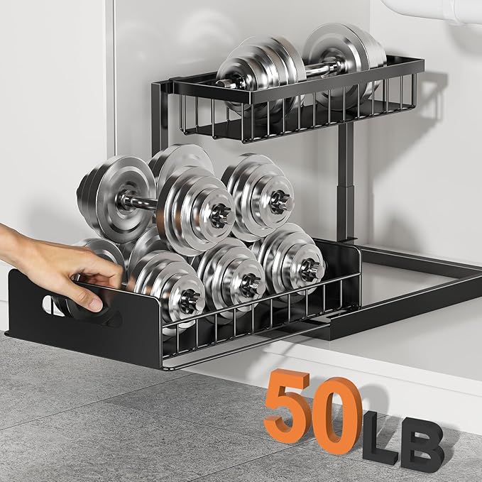 Organizador para debajo del fregadero, organizador de armario extraíble de 2 niveles en forma de L | For Kitchen and Bathroom, Slide Out Under Cabinet Storage, Metal Under Sink Storage with Sliding Drawer, 50 lbs, Black 2 Pack