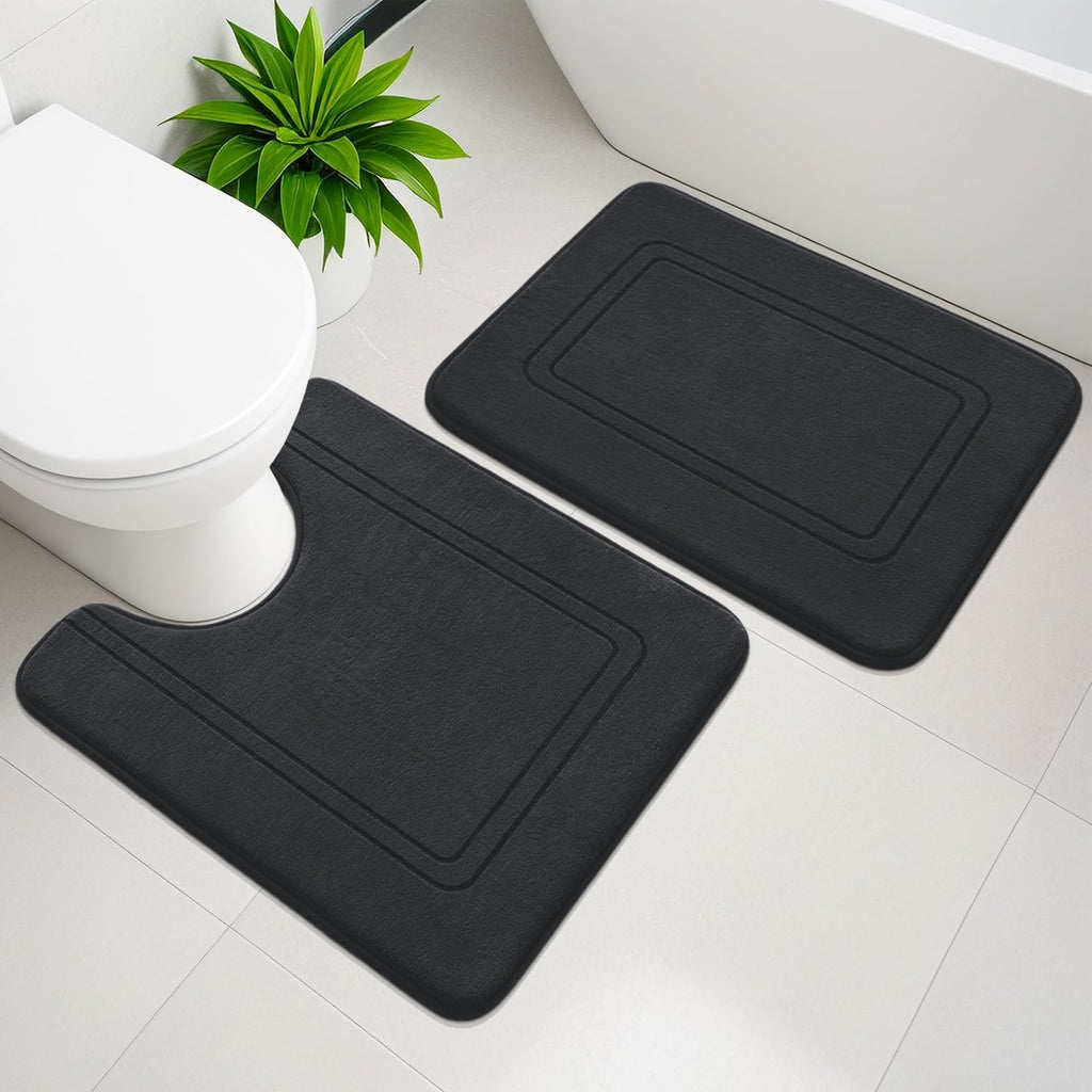 USADO-Set 2 Tapetes de Baño Memory Foam | Antideslizantes, Ultra Suaves, Alta Absorción, Forma U, Lavables, Negro