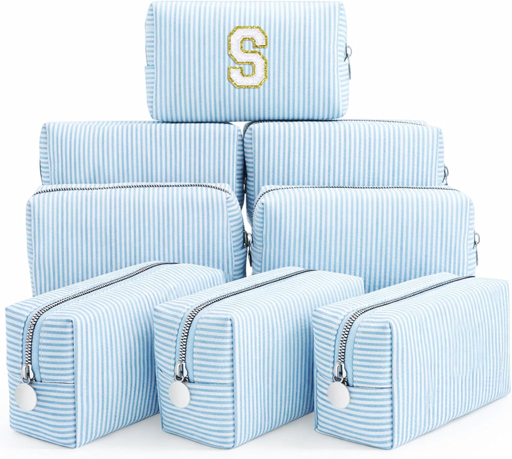 Bolsas de maquillaje sin letras Giesiery, 8 piezas azules de seersucker