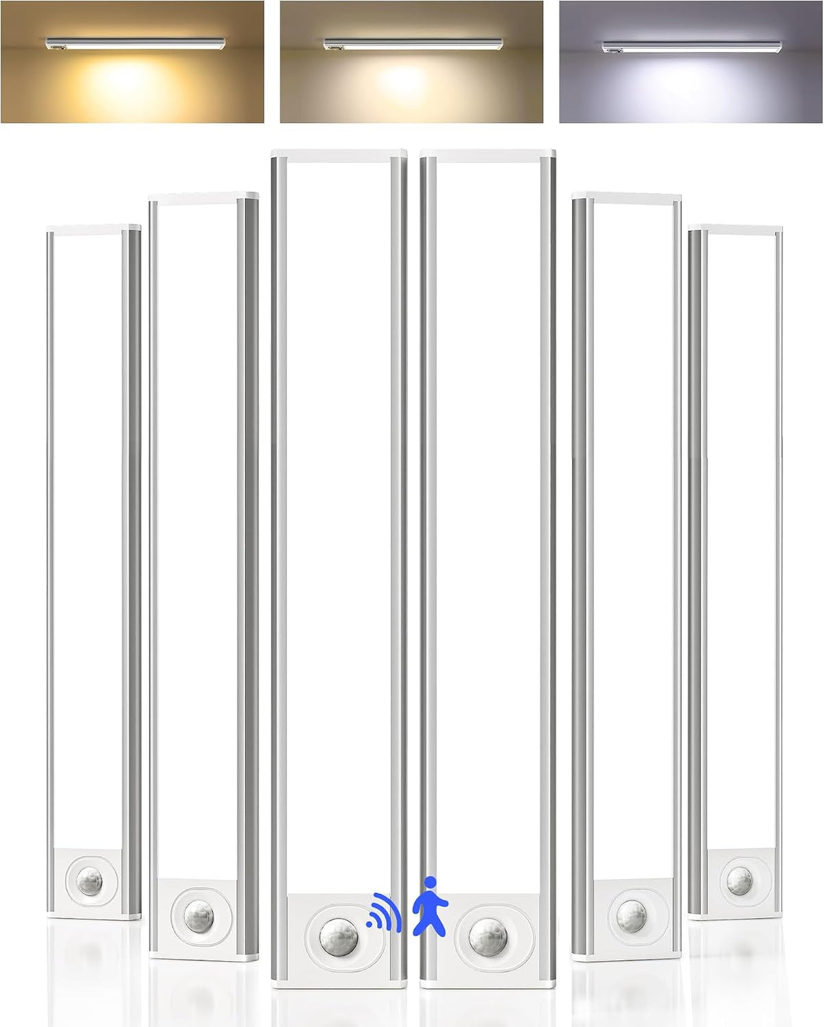 VIENEN SIN CABLES DE CARGA-Iluminación bajo gabinetes, luz recargable con sensor de movimiento de 12 pulgadas para interiores, luces para armarios que funcionan con batería de 2400 mAh, con atenuación y 3 temperaturas de color (paquete de 6)