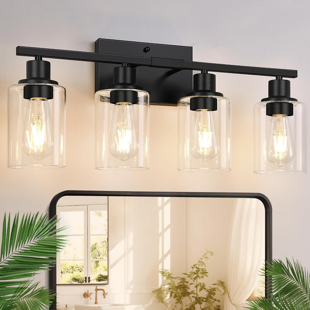 4-Light Bathroom Vanity Light Fixture - Matte Black Modern Wall Lamp with Clear Glass Shades - 23" L - UL Certified - Up/Down Mounting - For Mirror, Bedroom, Living Room - 36-Month Warranty