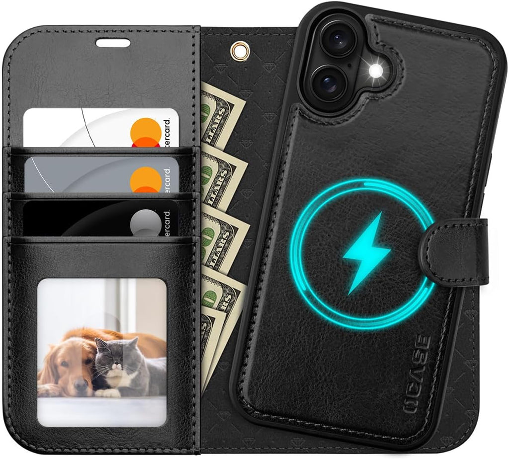OCASE - Funda tipo cartera desmontable con tarjetero para iPhone 17, 2 en 1, de piel sintética, con función atril, bloqueo RFID, correa para la muñeca, a prueba de golpes, 6,3 pulgadas (2025), color negro 