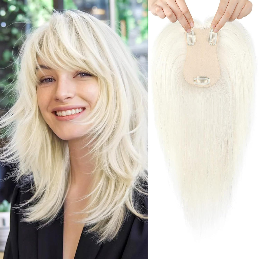 Flufymooz 100% Real Human Hair Toppers, 12 Inch Human Hair Toppers for Thinning Hair Large Hand-woven Area 360° Coverage Natural Hairpiece Wiglet for Women Daily 5"x3" Silk Base (White Blonde)