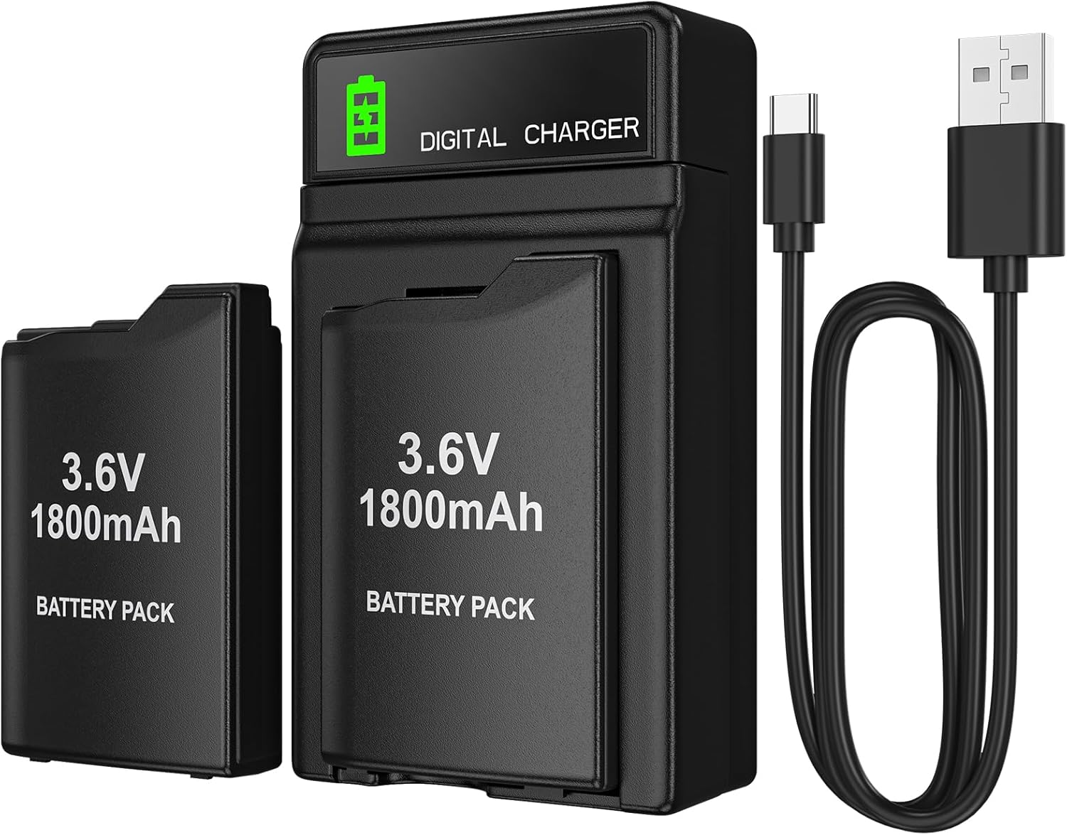 BSSING PSP Battery and Charger, 2Pcs 1800mAh 3.6v Lithium Polymer Replacement Rechargeable Batteries with LED Charging Station for PSP 1000 1001, PSP-110, PSP Fat Console