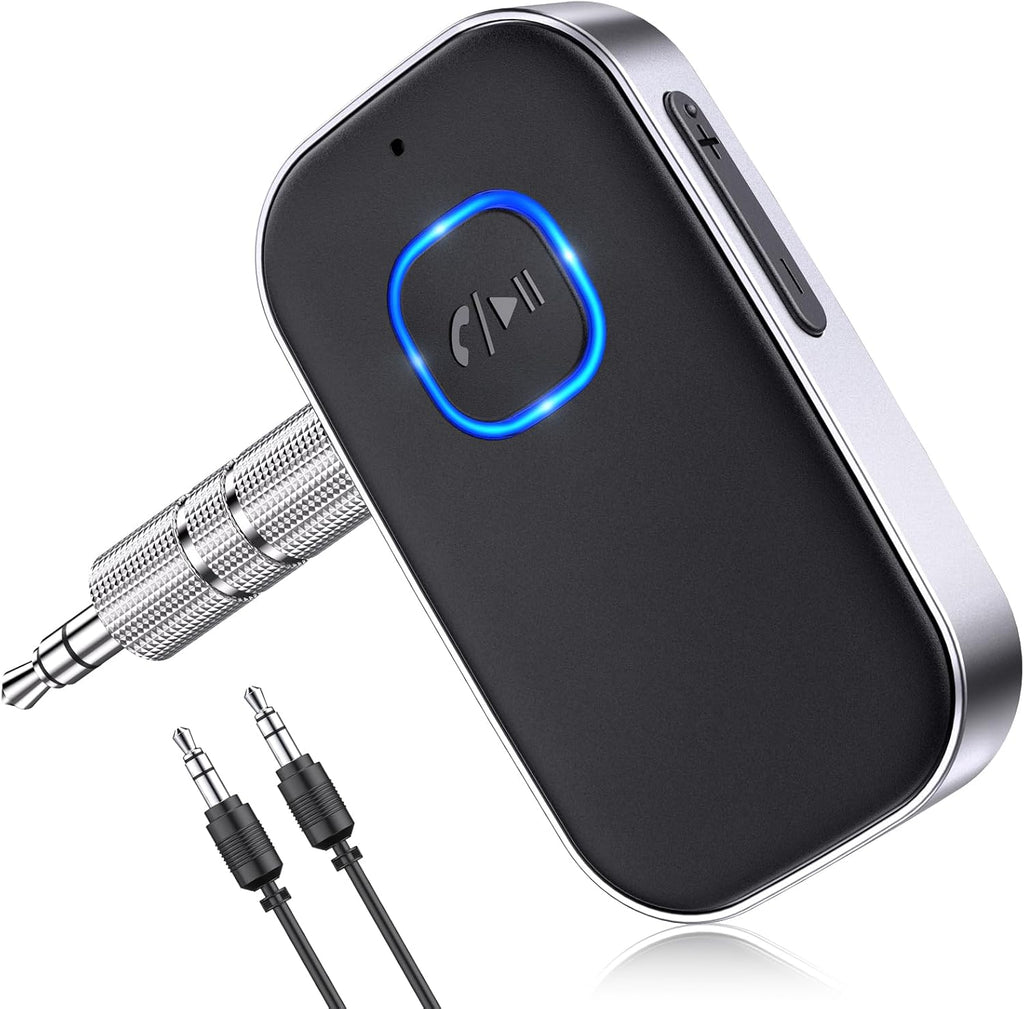 Receptor Bluetooth COMSOON para coche, adaptador Bluetooth AUX de 3,5 mm con cancelación de ruido, receptor de audio inalámbrico para estéreo doméstico/auriculares con cable, llamadas manos libres, 16 horas de duración de la batería - Negro + Plata