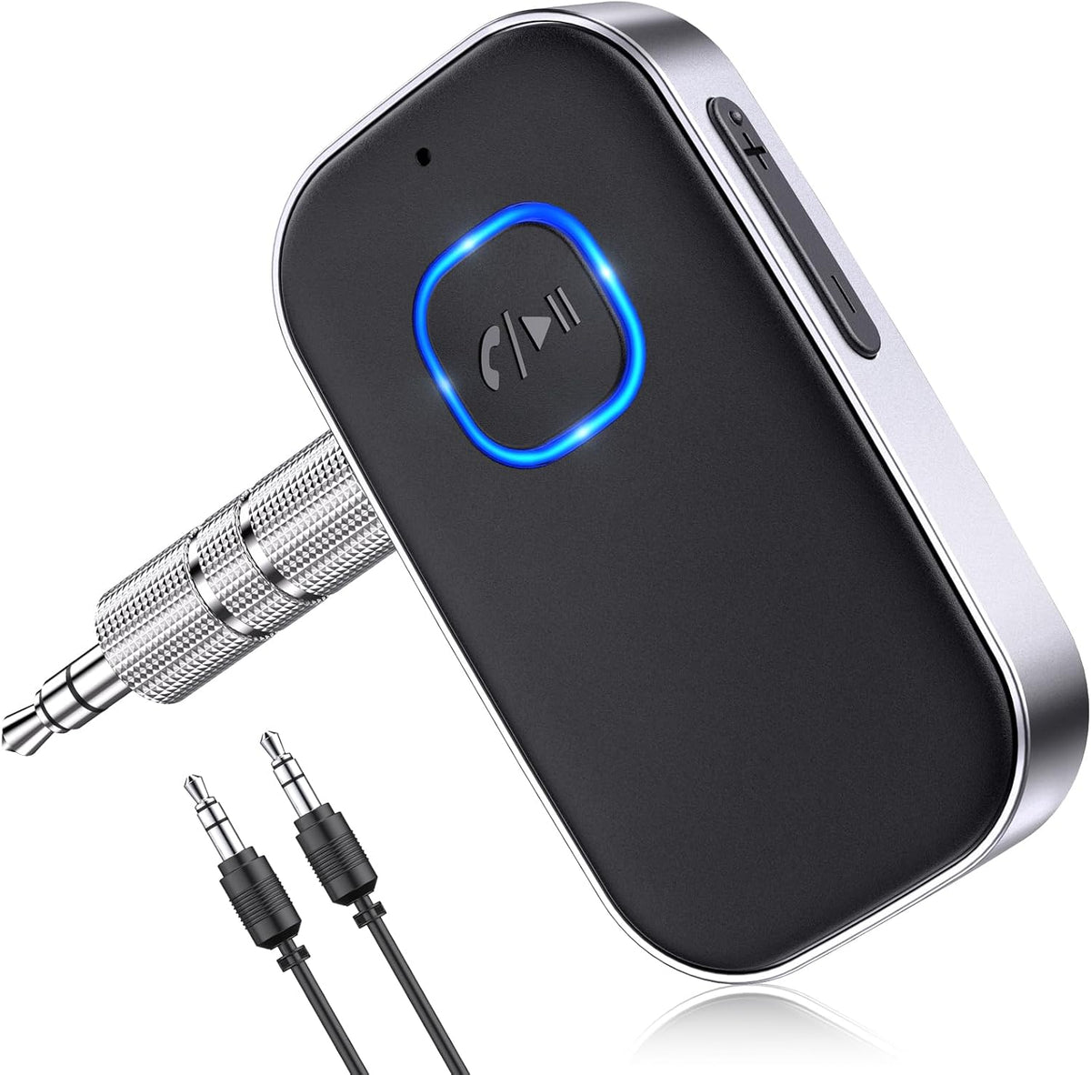 Receptor Bluetooth COMSOON para coche, adaptador Bluetooth AUX de 3,5 mm con cancelación de ruido, receptor de audio inalámbrico para estéreo doméstico/auriculares con cable, llamadas manos libres, 16 horas de duración de la batería - Negro + Plata