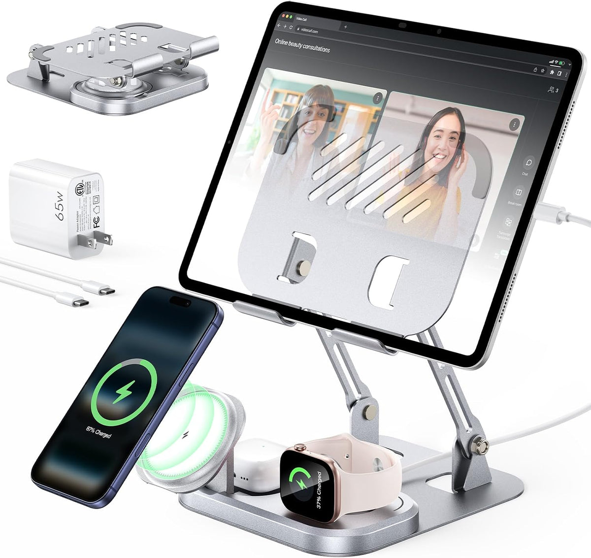 Estación de carga Meifigno 5 en 1 de 65 W para múltiples dispositivos Apple, con soporte de carga rápida por cable de 30 W para iPad/tableta, cargador inalámbrico plegable con diseño MagSafe para iPhone 17 16 /iWatch/AirPods