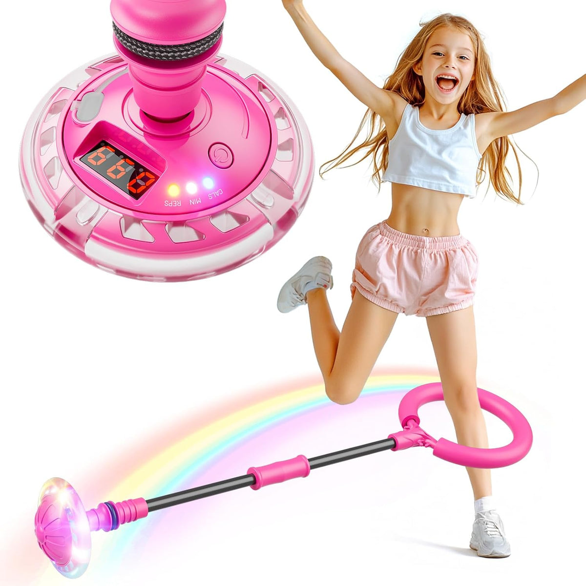 Pelota saltarina Flooyes para niñas, juguete de pelota saltarina para tobillos con contador, temporizador y calculadora de calorías, regalo de cumpleaños para niñas de 6, 7, 8, 9 y 10 años o más, pelota saltarina recargable con ruedas luminosas de