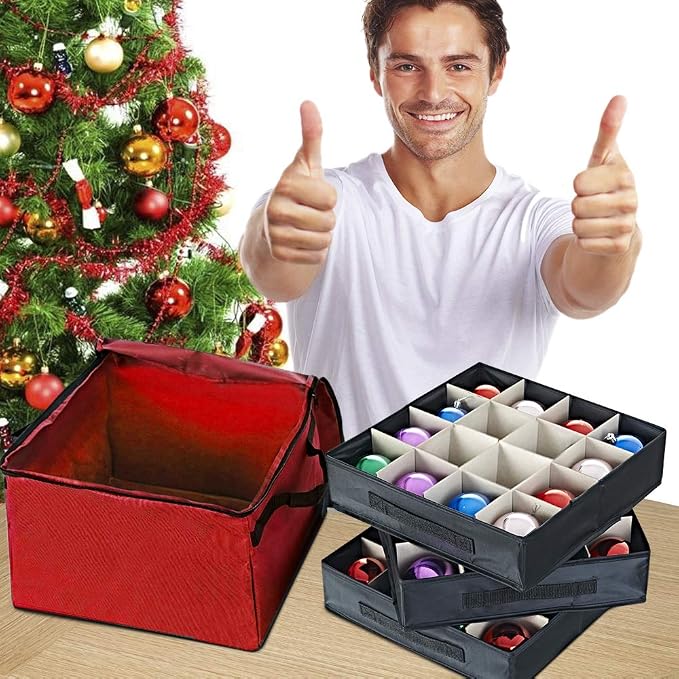 Caja Organizadora de Esferas Navideñas Keten — 128 Esferas 3", 8 Bandejas, 48 Divisores, Oxford 600D, Rojo