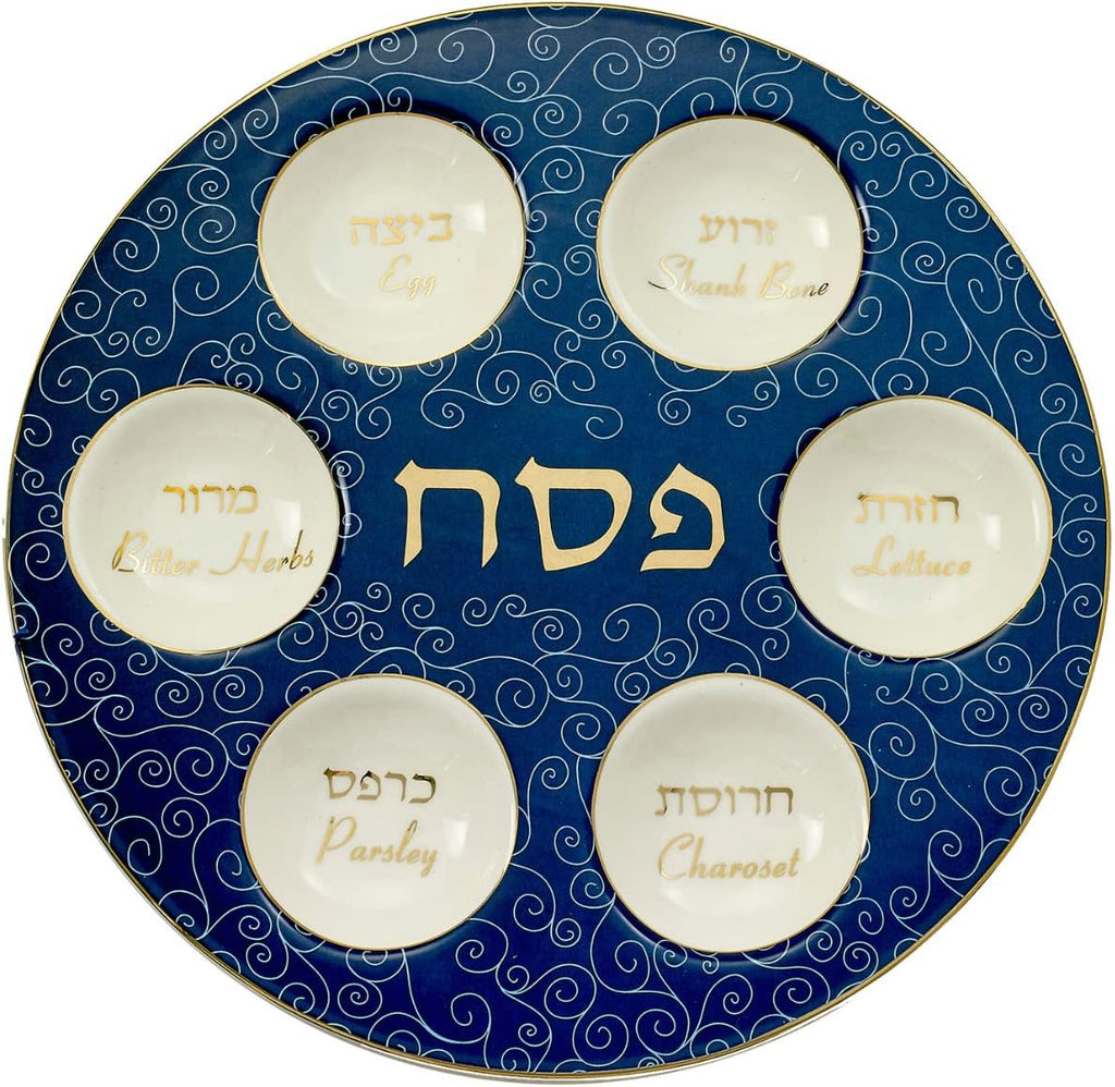Plato de Seder Rite Lite Azul y Blanco con Detalles Dorados | Plato de Pésaj Elegante y Moderno | con Nombres en Hebreo e Inglés | Decoración Judía