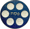 Plato de Seder Rite Lite Azul y Blanco con Detalles Dorados | Plato de Pésaj Elegante y Moderno | con Nombres en Hebreo e Inglés | Decoración Judía