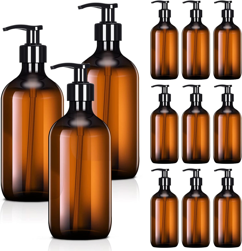 Tessco para ti Paquete de 12 Dispensadores de Jabón Ámbar Botellas Vacías de Plástico con Bomba Dispensador Envase Recargable para Champú, Gel de Jabón, Loción, Gel de Baño, Acondicionador Baño Cocina Viajes (8.5 oz)