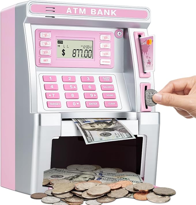 Alcancía rosa para niños, máquina de cajero automático para dinero real con tarjeta de débito, alimentador de billetes, reconocimiento de monedas, calculadora de saldo, caja de seguridad electrónica