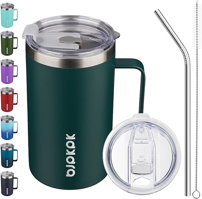 BJPKPK Taza de café aislada con 2 tapas, vaso aislado de acero inoxidable de 25 onzas con asa, tazas de café de doble pared con aislamiento al vacío, sin BPA, taza de viaje para café, té y bebidas