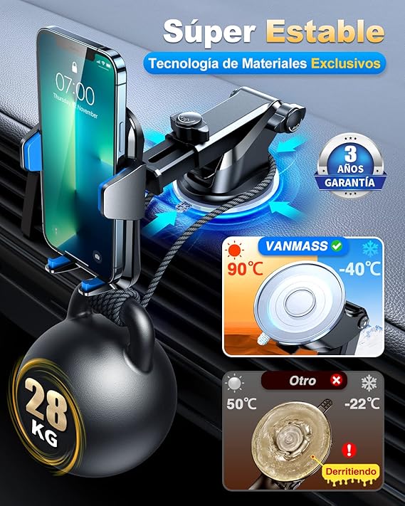 VANMASS 【Patentes y Certificados de Seguridad Soporte Movil Coche 2025【29+KG Succión Protección Militar】 Teléfono Salpicadero Parabrisas Ventilación para iPhone 16 15 Pro MAX Samsung, Azul