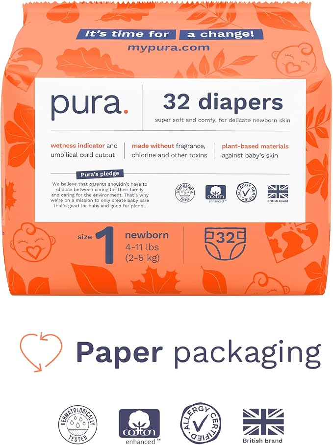 Pañales Hipoalergénicos Pura Talla 1 (4-11 lbs) — 96 Pañales (3 Packs x 32), Algodón Orgánico, Recién Nacido