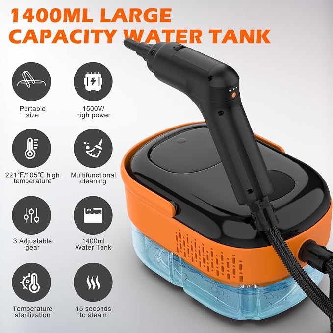 Limpiador a Vapor Portátil Koutop — Para Hogar y Auto, Calentamiento 15s, Tanque Grande, 16 Accesorios, Mango 3 Niveles