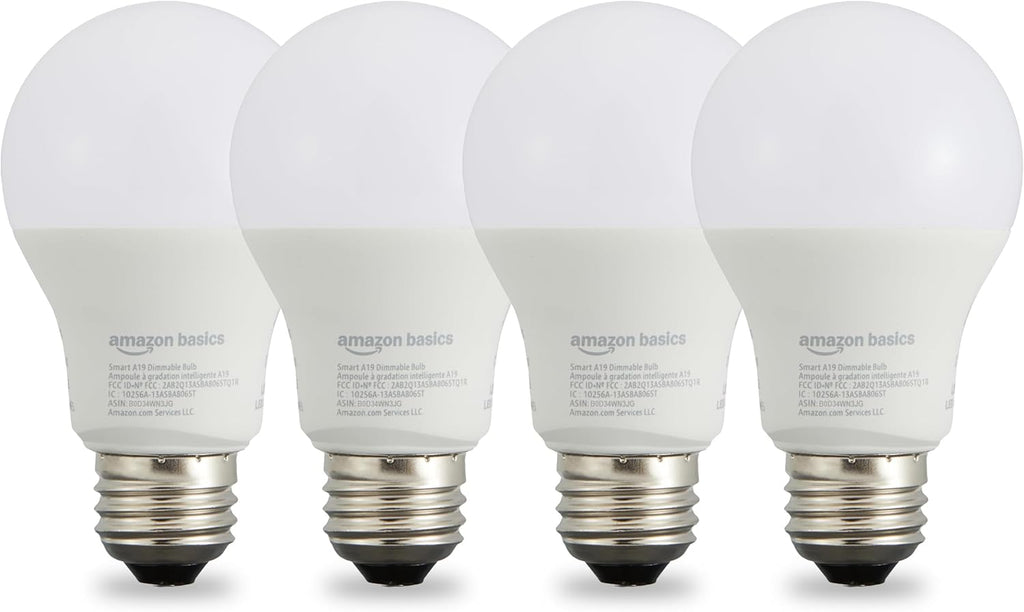 Bombilla LED Inteligente Amazon Basics A19 – Pack de 4, 9W/60W, 2700K, Regulable, Compatible con Alexa