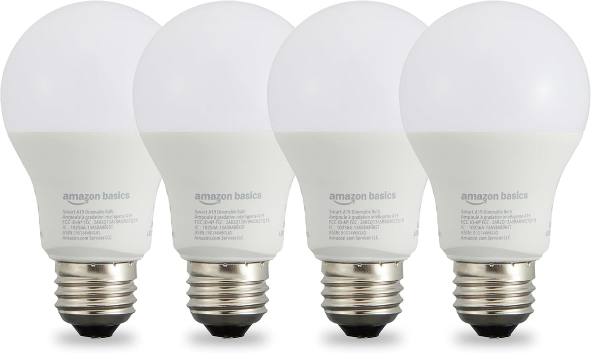 Bombilla LED Inteligente Amazon Basics A19 – Pack de 4, 9W/60W, 2700K, Regulable, Compatible con Alexa