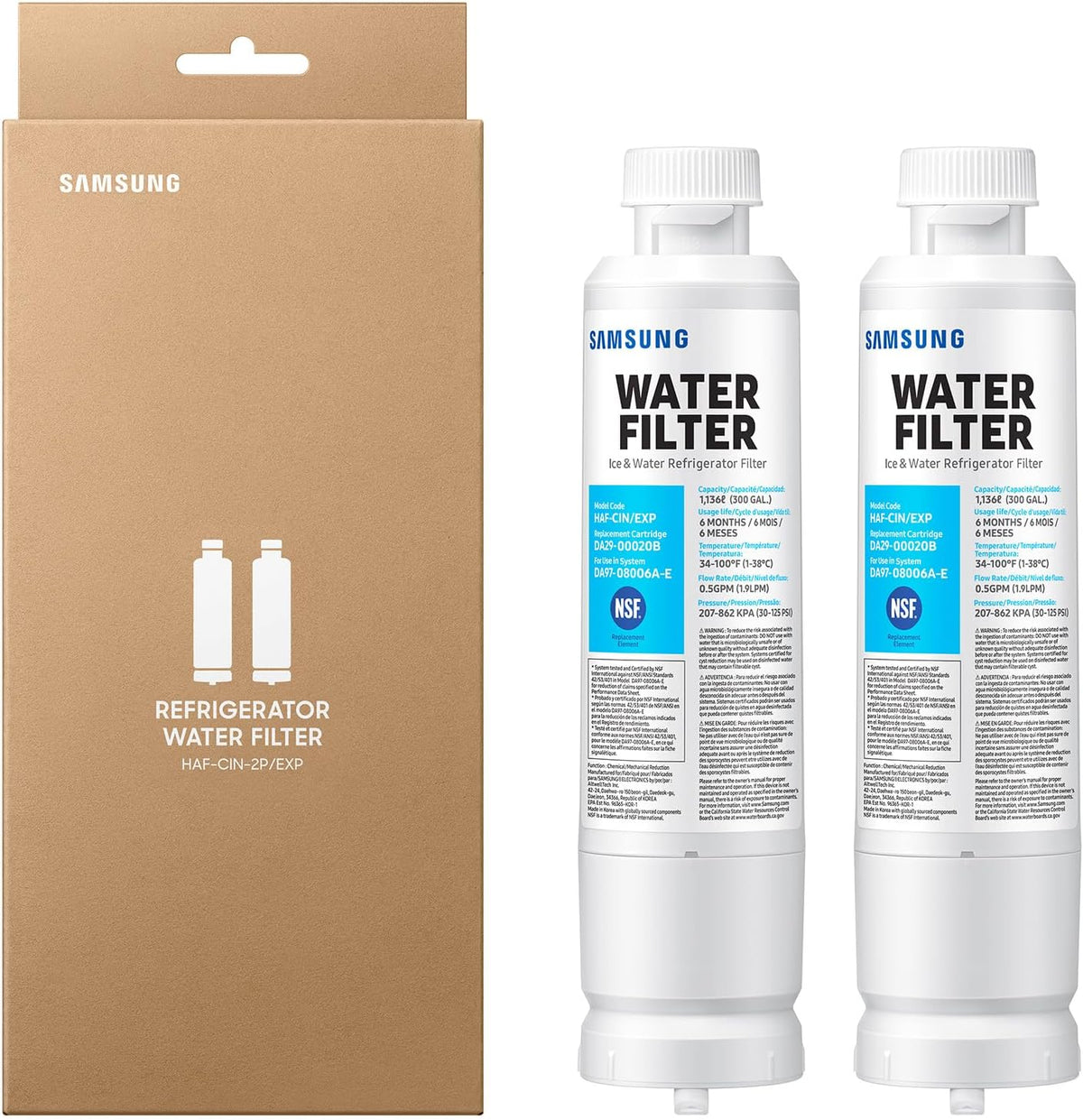 Filtro de Agua Samsung HAF-CIN-2P/EXP Original Pack 2 | Elimina 99% Contaminantes, 6 Meses, French Door y Side by Side
