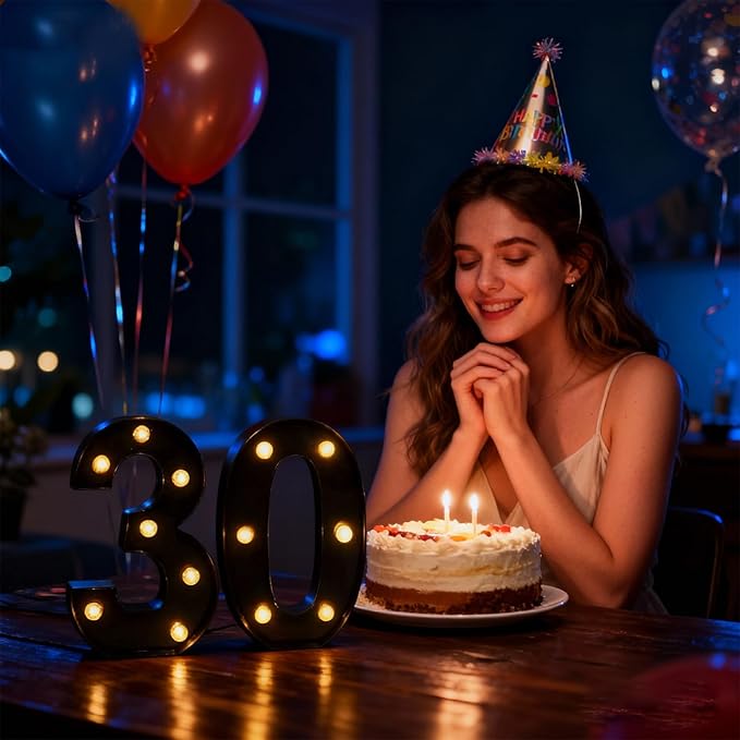 Números LED Marquesína 21,8 cm – Decoración 30 Cumpleaños, Boda y Aniversario | Negro