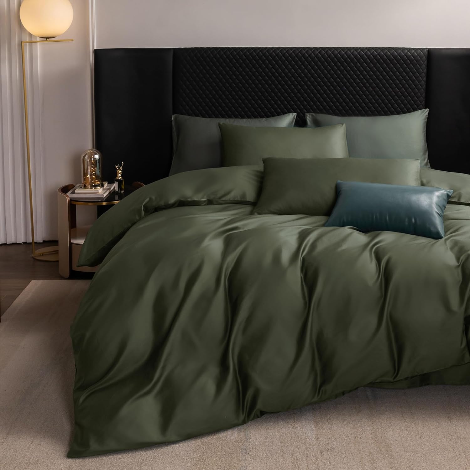 MooMee Duvet Cover Set 100% Extra Long Staple Cotton 600 Thread Count Silky Sateen Smooth Luxury Soft Breathable Durable Hotel Quality Bedding, 3 Pieces (Olive Green, King 104"x90")