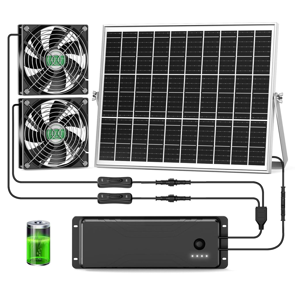Solar Fan with Battery - 25W Solar Powered Rechargeable Outdoor Fan - 12800mAh, 540 CFM, Waterproof - For Chicken Coop, Greenhouse, Shed, Garage Ventilation