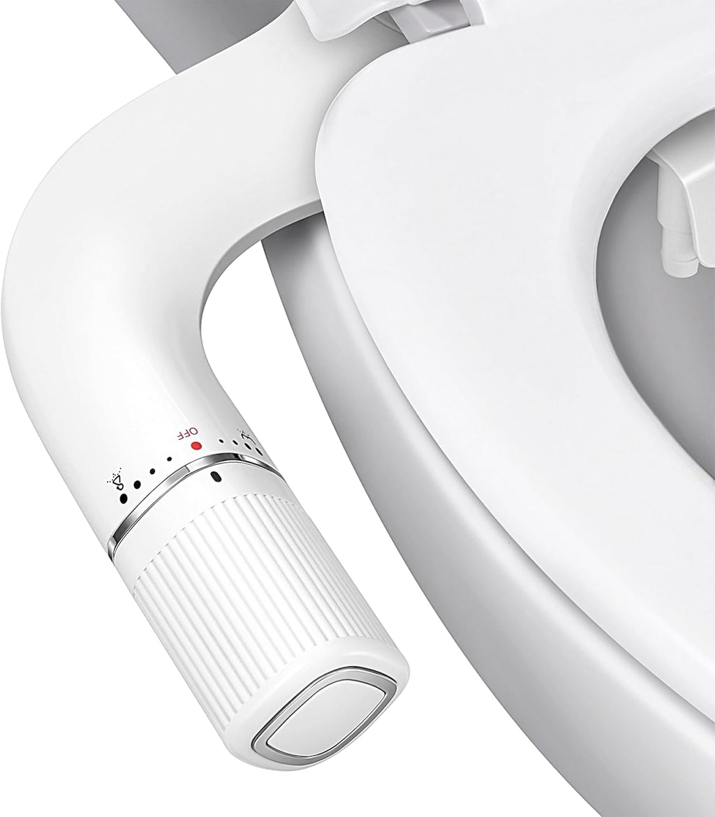 Accesorio de bidé ultradelgado BIGCOW para inodoro: doble boquilla (lavado frontal y posterior) con presión de agua fría ajustable y entrada de acero inoxidable. Solución higiénica para una limpieza impecable. Color plata. 1 unidad.