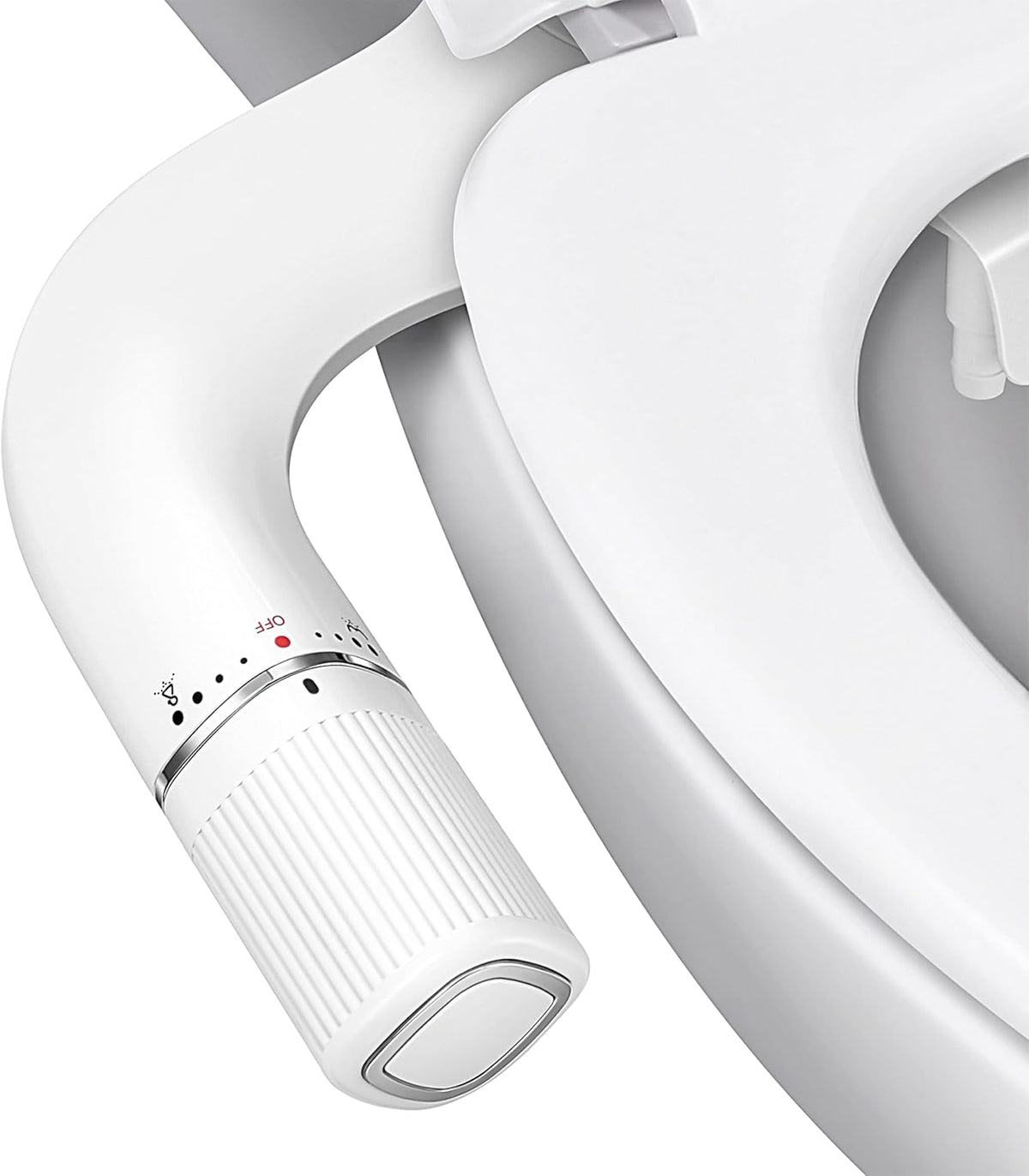 Accesorio de bidé ultradelgado BIGCOW para inodoro: doble boquilla (lavado frontal y posterior) con presión de agua fría ajustable y entrada de acero inoxidable. Solución higiénica para una limpieza impecable. Color plata. 1 unidad.