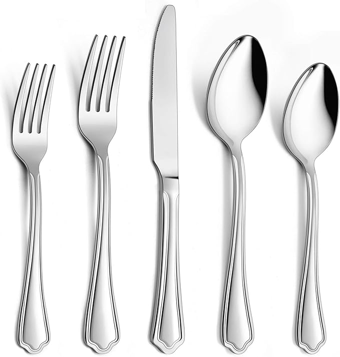 E-far - Juego de cubiertos de acero inoxidable de 40 piezas, servicio para 8 personas, vajilla de metal, cuchillos, tenedores, cucharas, borde festoneado y pulido espejo, apto para lavavajillas