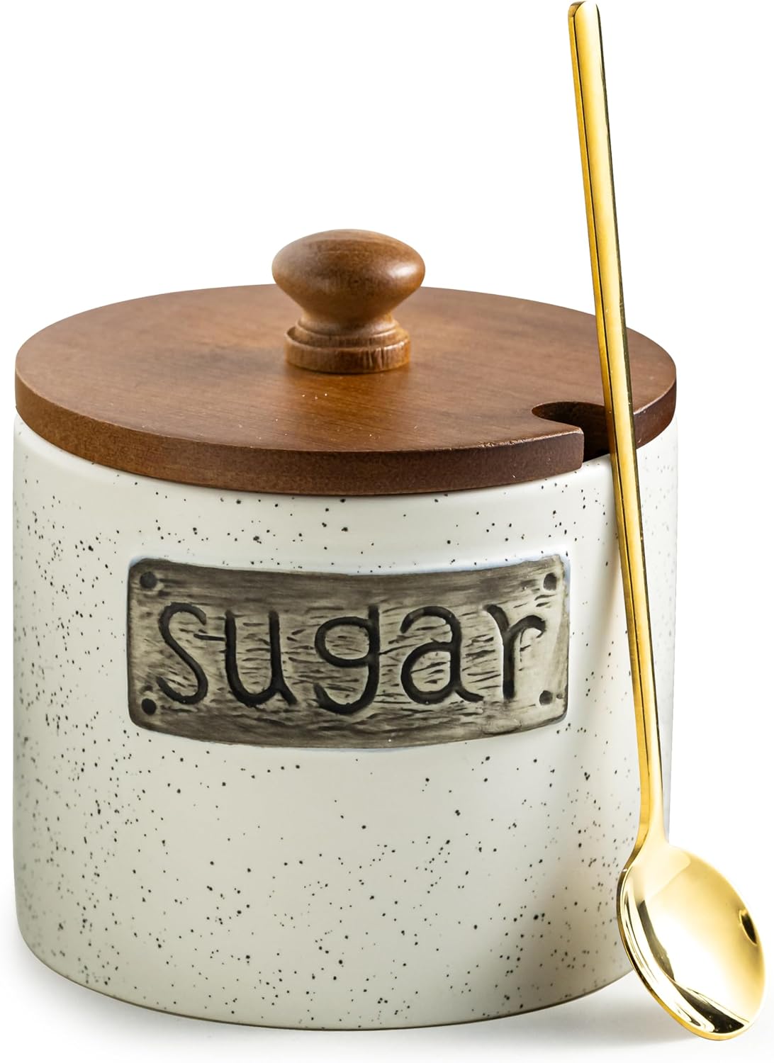 Azucarero LYEOBOH, recipiente de cerámica para azúcar con tapa y cuchara, 425 ml (15 oz) para accesorios de cafetería, tarro de azúcar para encimera, Azucarera Farmhouse Home and Kitchen, blanco