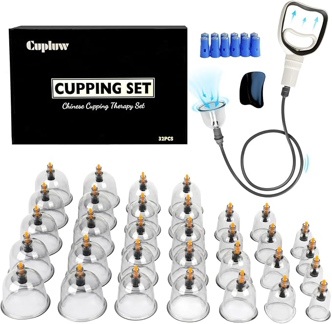 Cupluw Kit de ventosas para terapia de masaje, juego profesional de ventosas chinas de 32 tazas