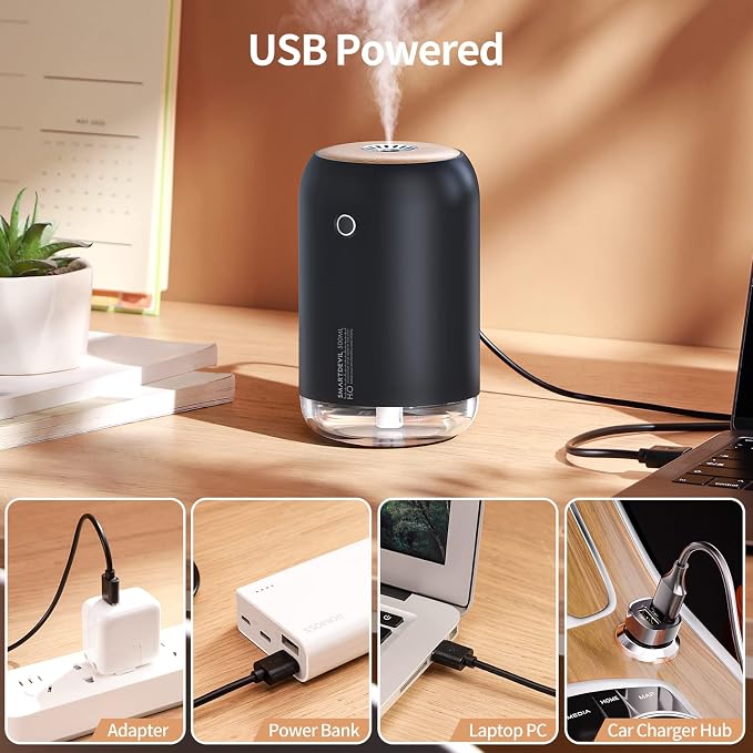 Humidificador portátil pequeño SmartDevil, mini humidificador de escritorio de 500 ml, humidificador personal USB para dormitorio, oficina, viajes, plantas, apagado automático, 2 modos de niebla, súper silencioso, negro