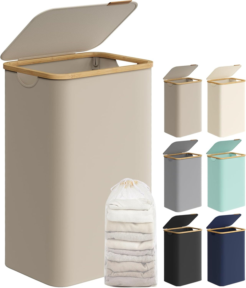 Cesto para la ropa sucia SONGMICS con tapa, cesta grande para la ropa, 90 L, forro de malla extraíble, asas de bambú, plegable, 42,8 x 32,7 x 70,9 cm, color marrón camello ULCB509N01 