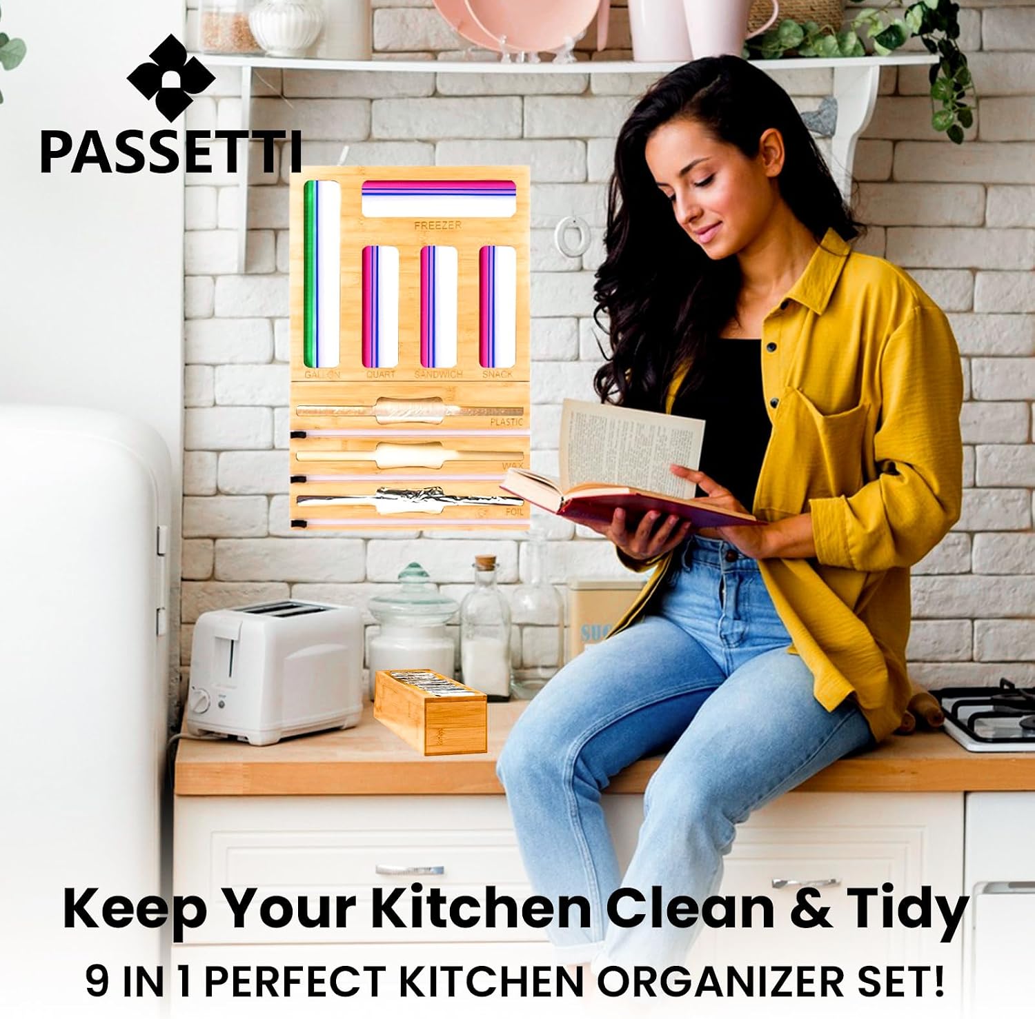 Organizador de Cocina PASSETTI 9 en 1 | Bambú | Bolsas, Papel Aluminio y Plástico con Cortador