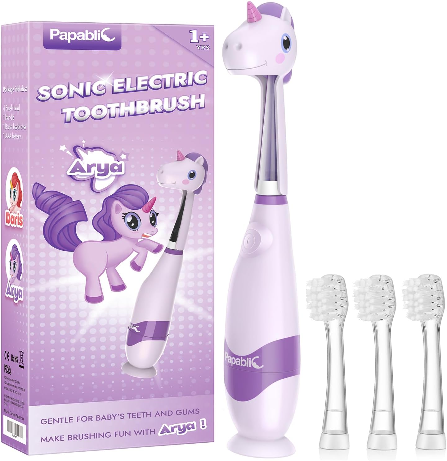 Cepillo Dental Eléctrico Papablic Arya – Diseño Unicornio, Luz LED, Timer, 4 Cabezas de Repuesto, Niños 1-3 Años