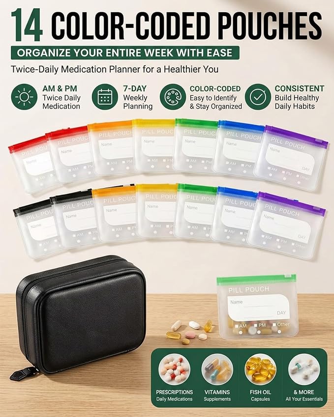Organizador de pastillas impermeable, organizador semanal de pastillas AM PM con 14 bolsas reutilizables, discreto estilo cuaderno de almacenamiento de medicamentos para viajes, vitaminas