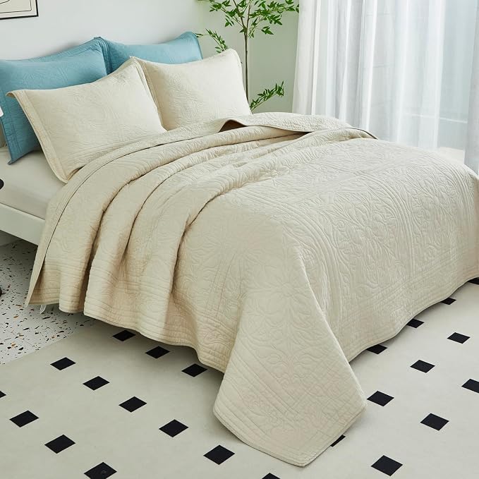 Juego de Colcha 100% Algodón Queen/Matrimonial – 90x98 Pulgadas, Color Beige, Super Suave y Ligera | 3 Piezas con 2 Fundas de Almohada