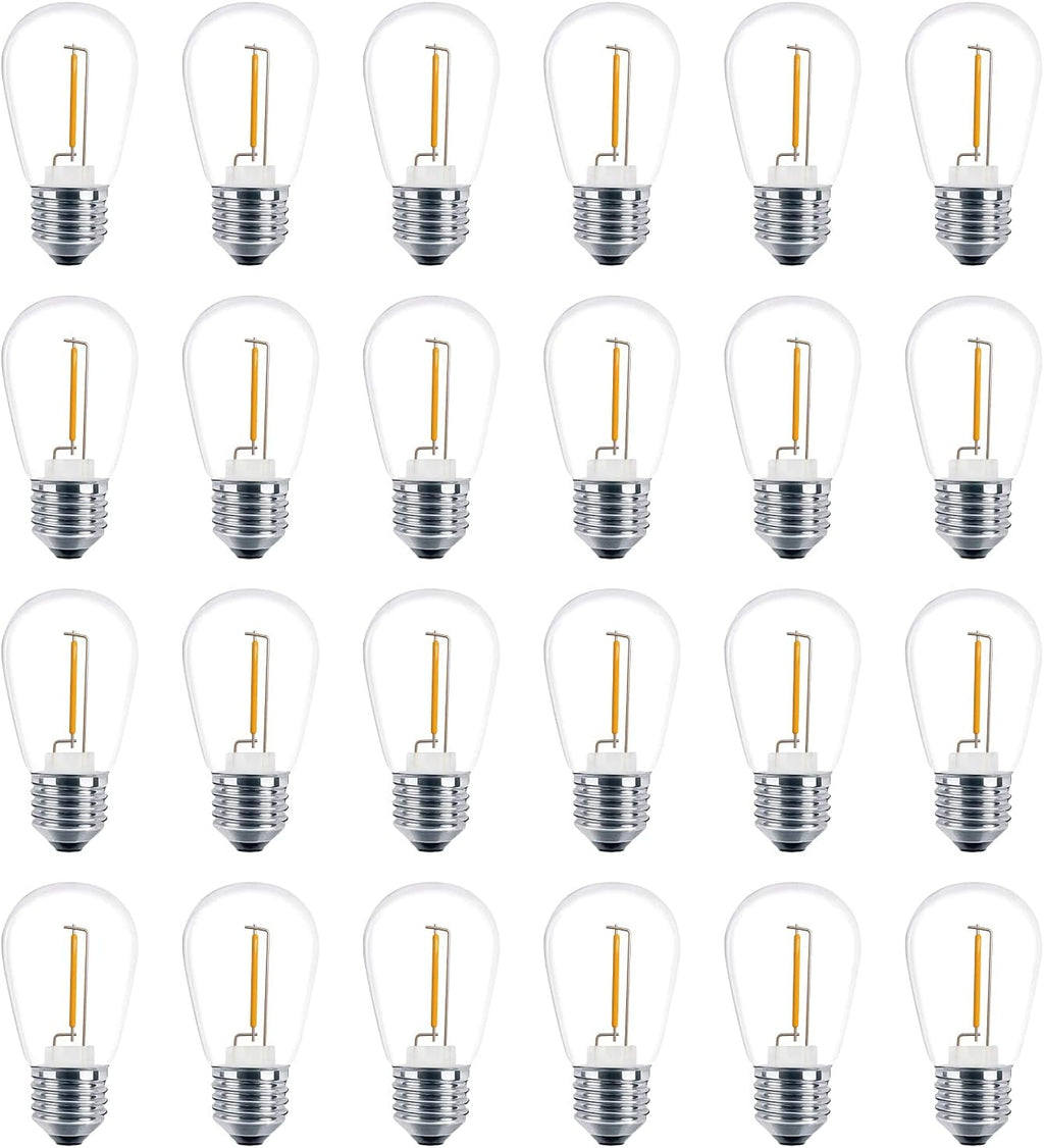 Paquete de 24 bombillas LED de repuesto Meconard S14, resistentes a roturas para exteriores, 1 vatio para reemplazar bombillas incandescentes de cadena de 11 vatios, base de rosca mediana E26, luz blanca cálida de 2200 K, no regulables.