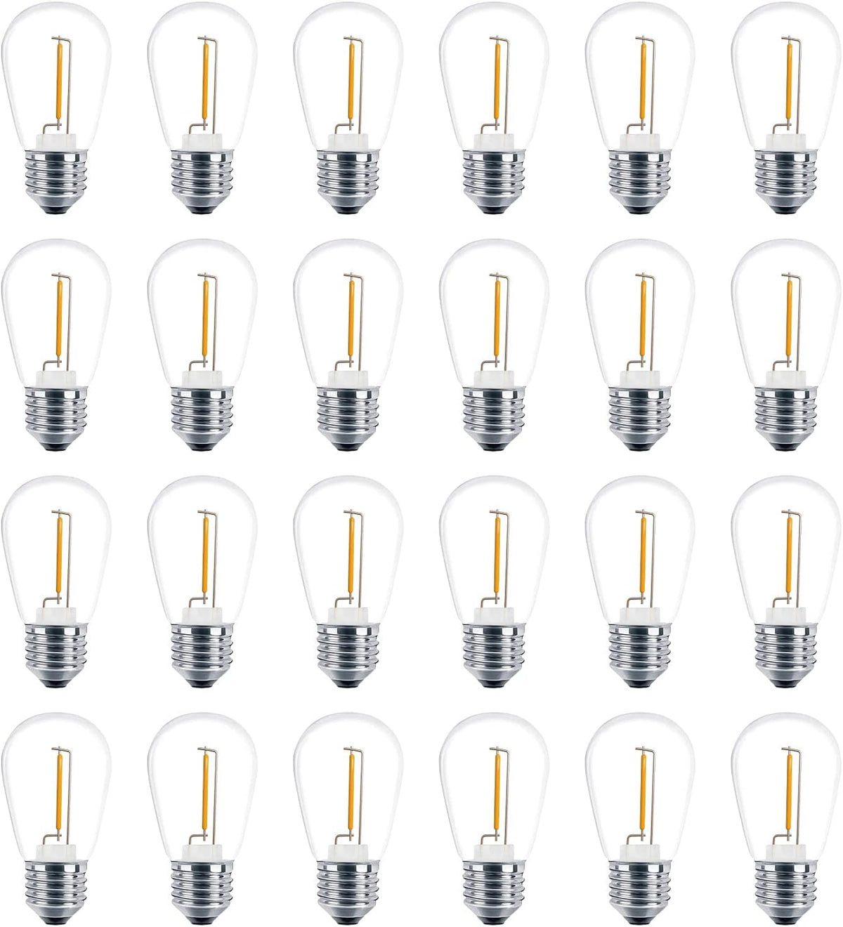 Paquete de 24 bombillas LED de repuesto Meconard S14, resistentes a roturas para exteriores, 1 vatio para reemplazar bombillas incandescentes de cadena de 11 vatios, base de rosca mediana E26, luz blanca cálida de 2200 K, no regulables.
