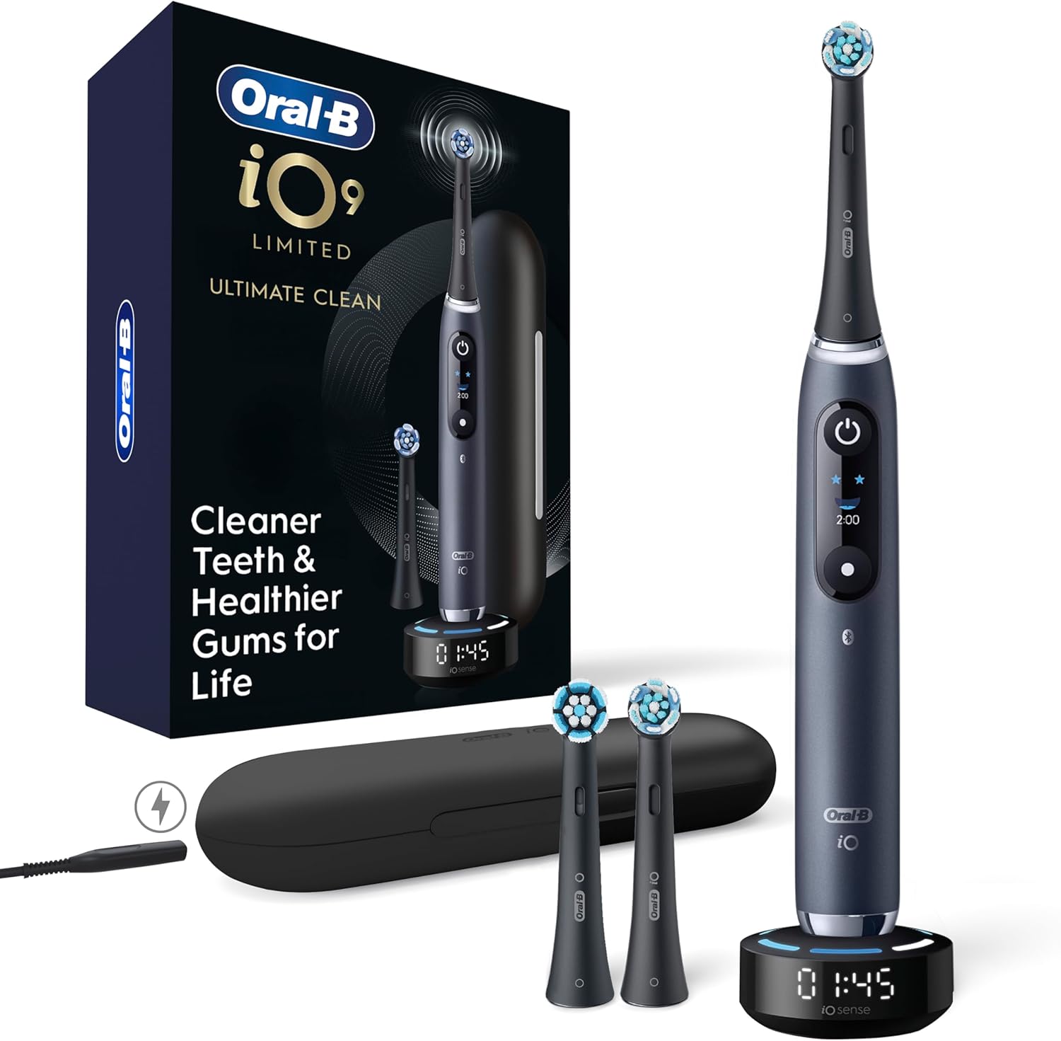 Oral-B iO Series 9 Limited Electric Toothbrush - Black - 7 Smart Settings - iO Sense Smart Charger - Pressure Sensor - Color Display - 3 Brush Heads + Travel Case Included