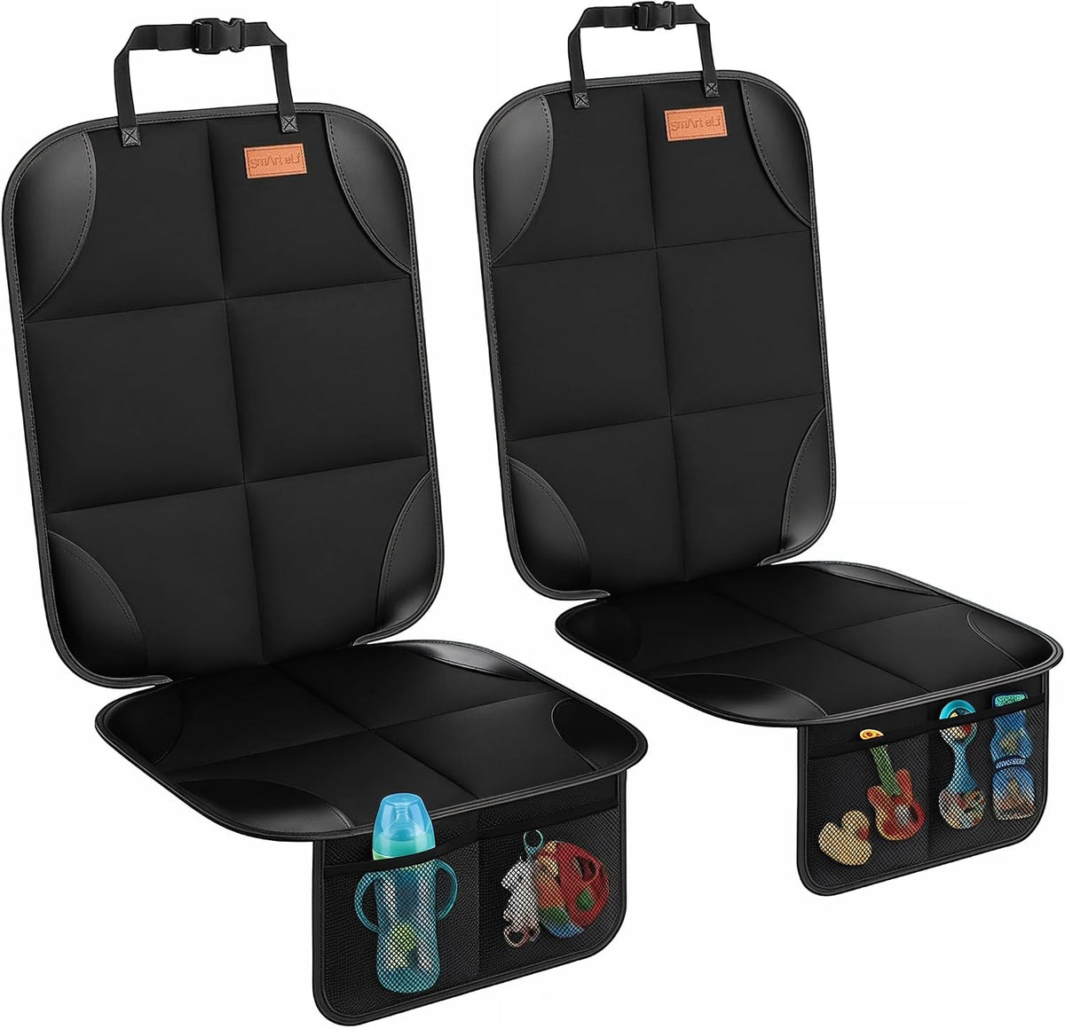 Protector de asiento de coche SMART ELF, paquete de 2 protectores de asiento para niños con acolchado grueso y respaldo antideslizante, bolsillos de malla para bebés y mascotas, sedanes, SUV y camionetas (negro).