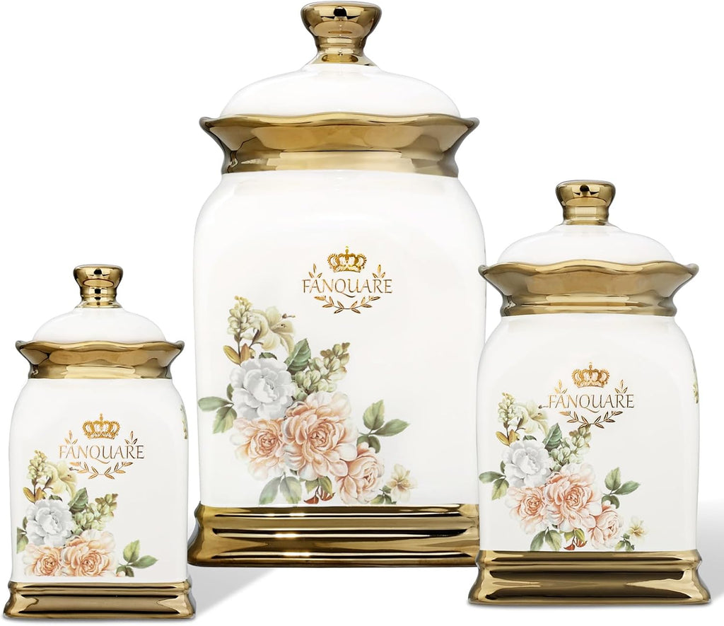 Botecitos florales Fanquare con borde dorado, tarros decorativos de cerámica para encimera, tarro para galletas y azucarero de porcelana estilo granja con tapa hermética.