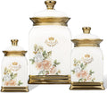 Botecitos florales Fanquare con borde dorado, tarros decorativos de cerámica para encimera, tarro para galletas y azucarero de porcelana estilo granja con tapa hermética.