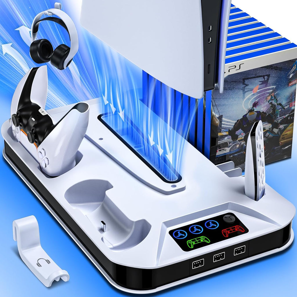 PS5/Slim/Pro Cooling Station with Controller Charging Station for Sony Console Playstation 5 Slim&Standard Disc/Digital Console, PS5 Pro Stand Cooler Accessories Incl Cooling Fan/3 USB Hubs