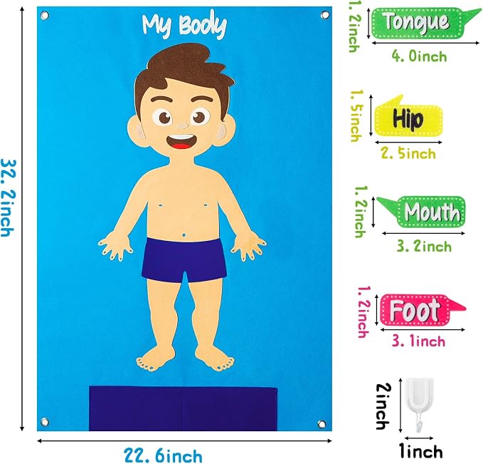 WATINC Body Parts - Juego de tablero de historia de fieltro, 35 piezas de franela de órgano humano, juguete interactivo de aprendizaje temprano para niños pequeños, aula, escuela en casa, 41 x 30