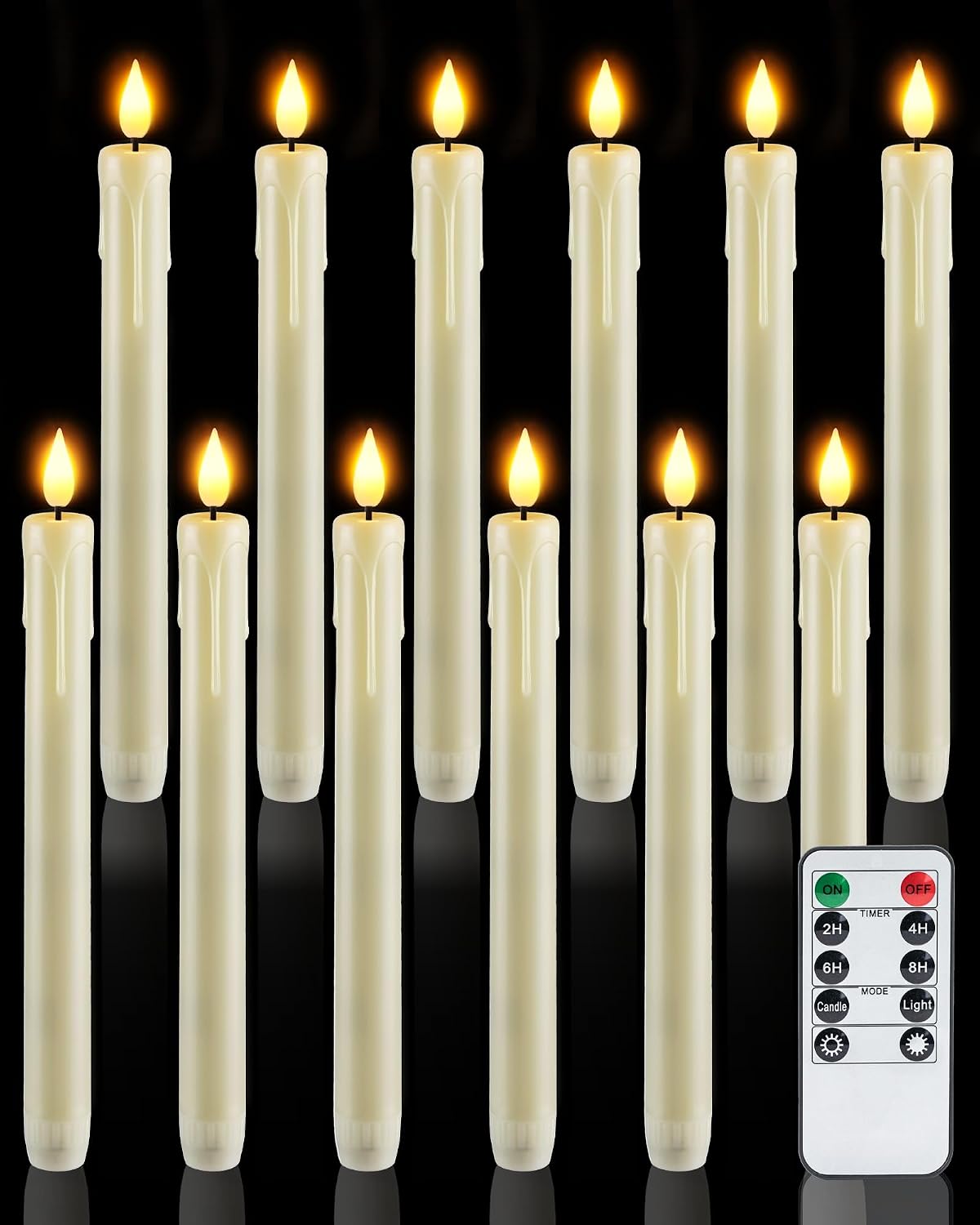 Homemory 12 velas cónicas de plástico sin llama con temporizador y regulador de intensidad a distancia, candelabros LED color marfil con luz de llama parpadeante, velas cónicas realistas que funcionan con pilas para decoración de interiores, 24,4 cm (9,6