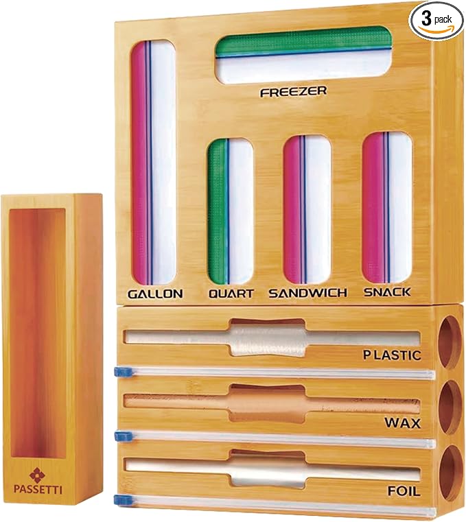 Organizador de Cocina PASSETTI 9 en 1 | Bambú | Bolsas, Papel Aluminio y Plástico con Cortador