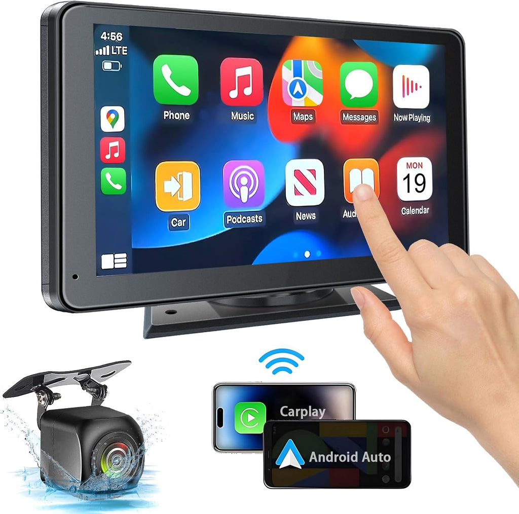 Estéreo portátil inalámbrico con pantalla táctil HD de 7" con Apple CarPlay y Android Auto, Mirror Link, Bluetooth 5.2, cámara de reversa, entrada AUX y transmisor FM para todo tipo de vehículos. 
