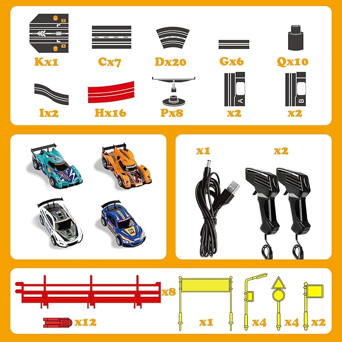Conjuntos de Pistas de Carreras de Autos de Ranura para Niños - Pista de Carreras Eléctrica de 30 Pies con 4 Autos de Ranura (1:43), Contador de Vueltas, Juego de Carreras Dual y Múltiples Tipos